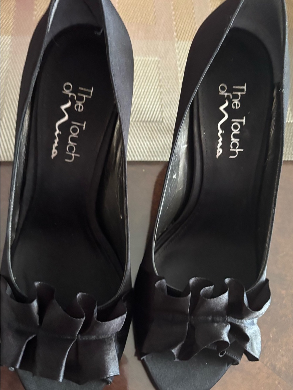 Touch of Nina Black Ruffle Peep-Toe Heels